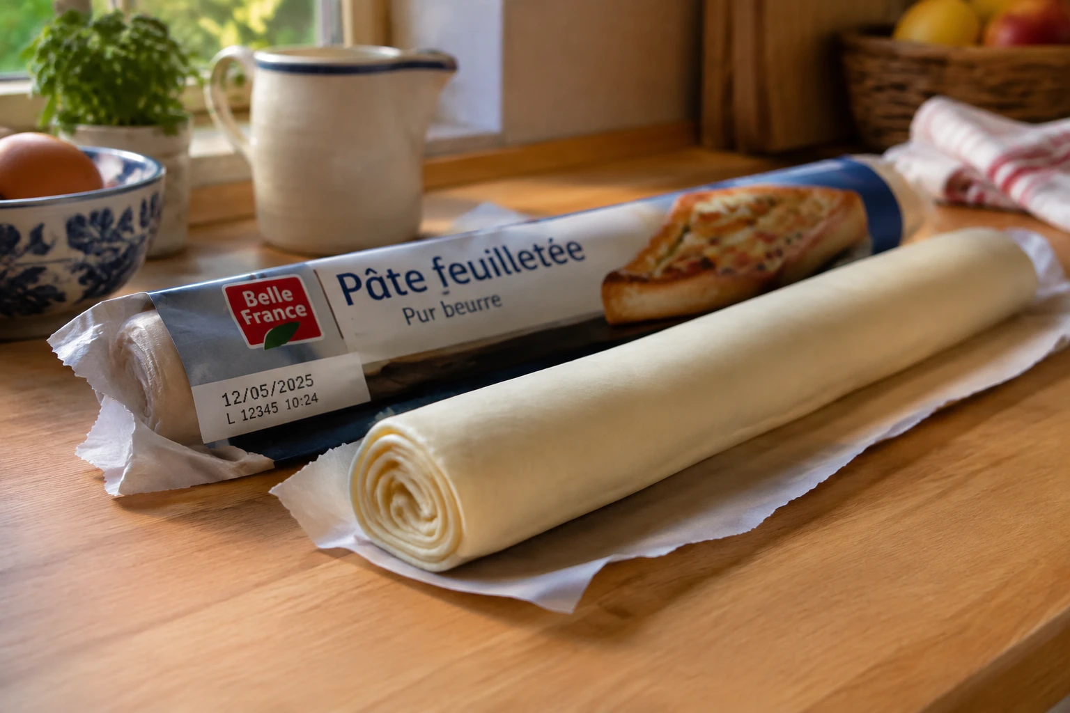 Rouleau de pâte feuilletée sur un plan de travail en bois dans une cuisine lumineuse