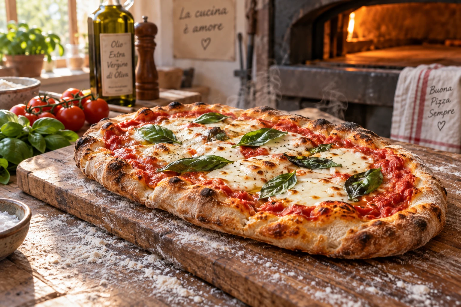 Pinsa romaine ovale maison garnie de tomate, mozzarella et basilic sur une planche en bois