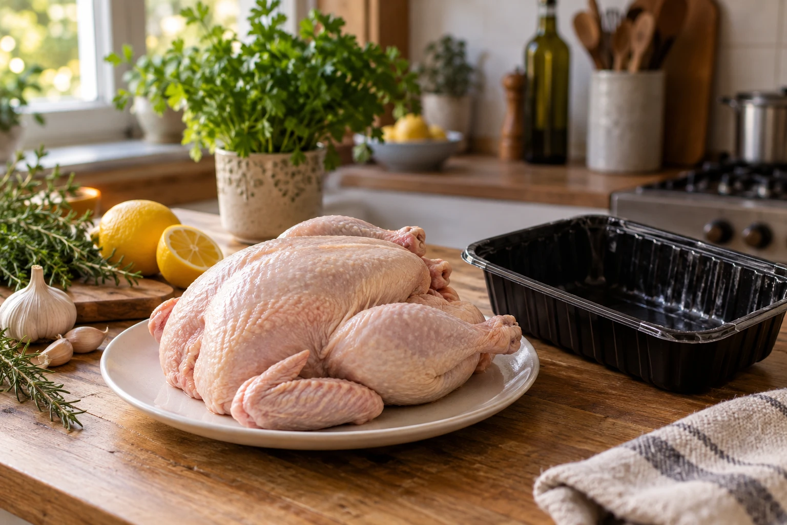 Poulet cru aéré sur une assiette dans une cuisine, à côté d'un citron et d'herbes fraîches