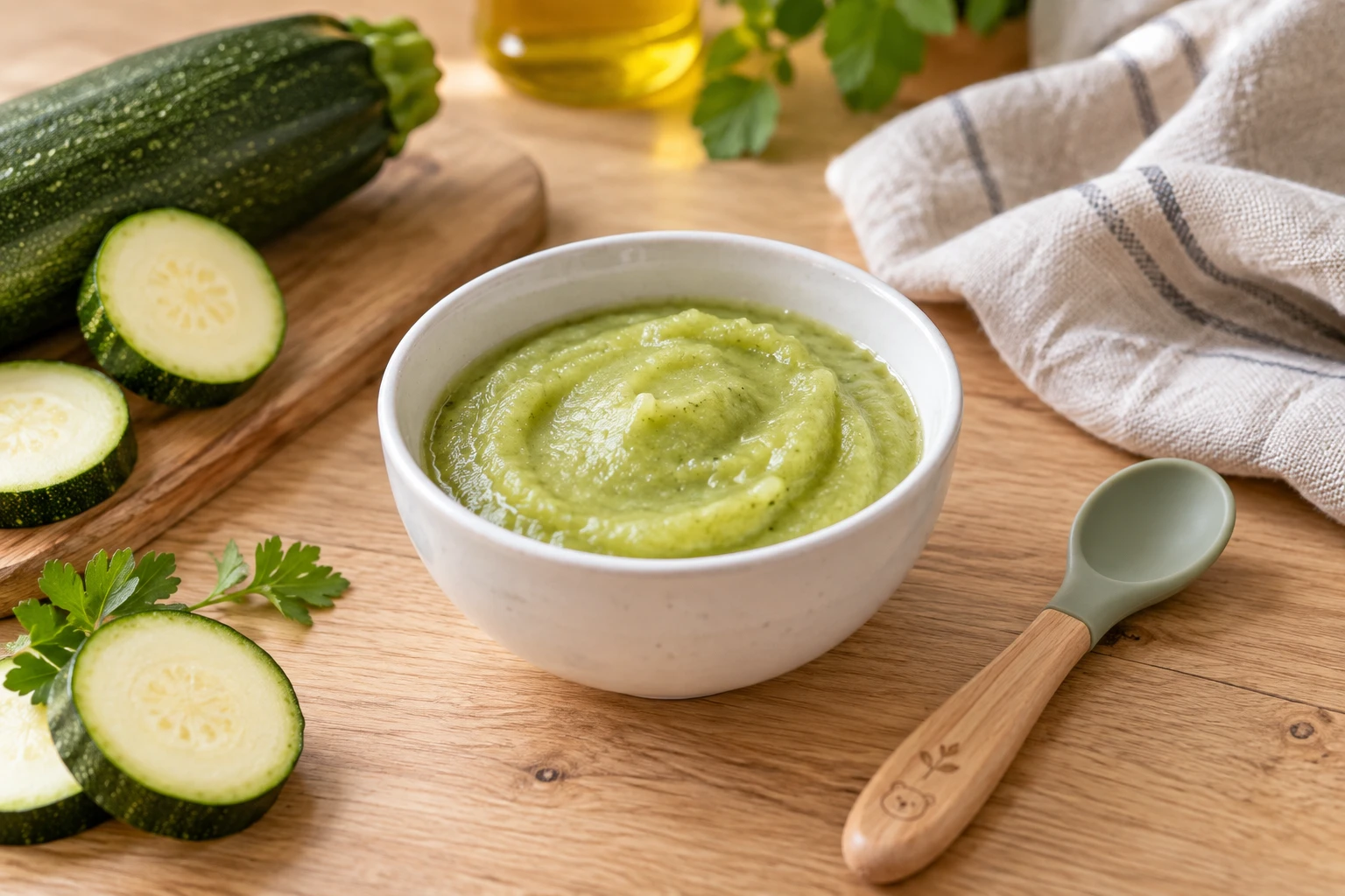 Bol de purée de courgette pour bébé avec une petite cuillère et une courgette fraîche sur une table en bois
