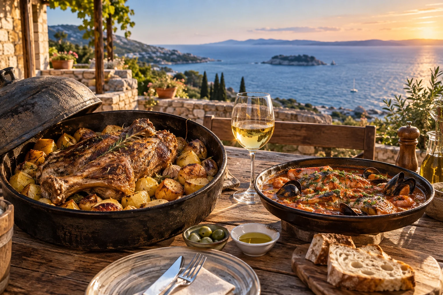 Table de konoba croate avec peka, brudet et verre de vin blanc face à l'Adriatique