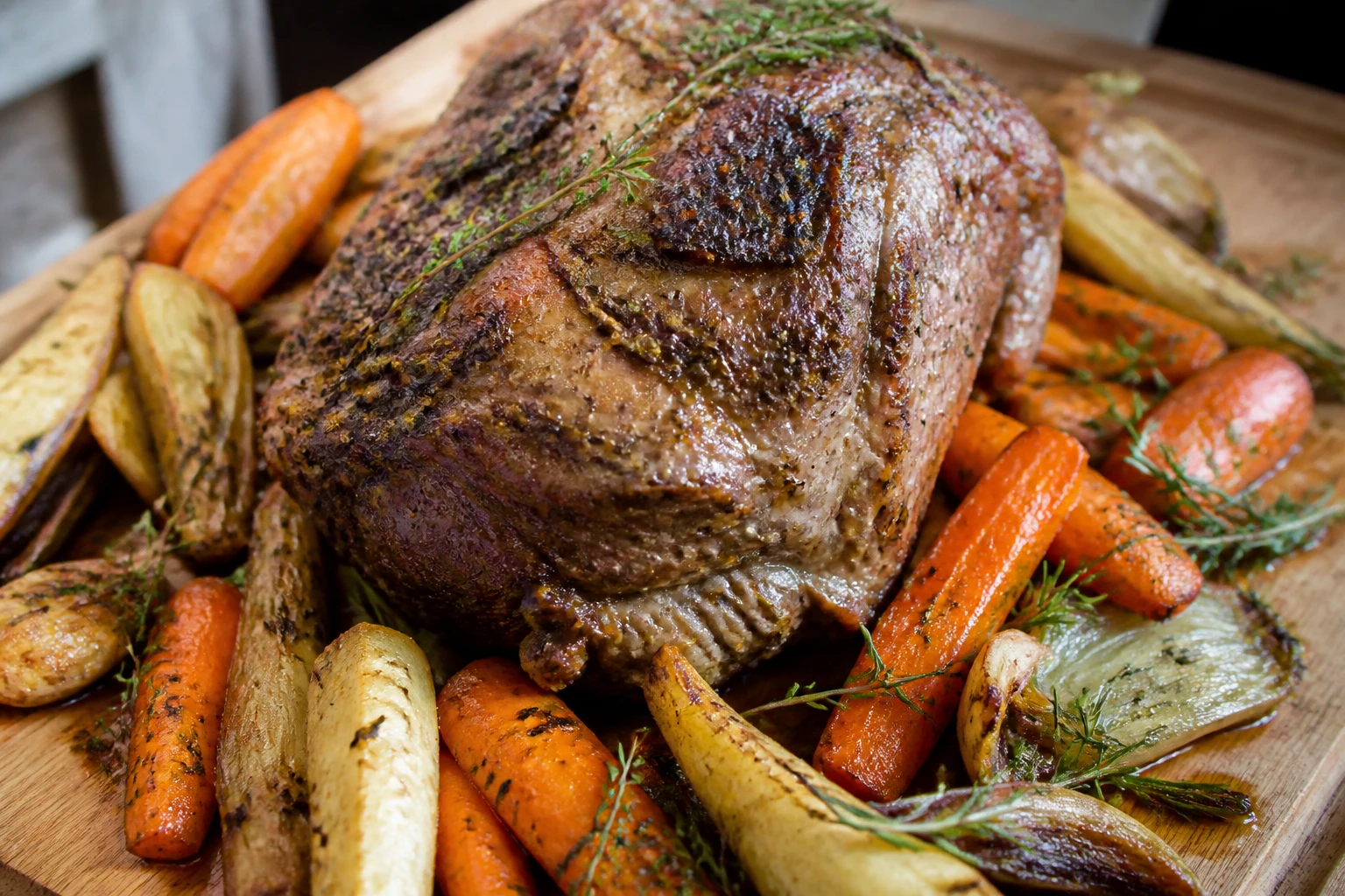 Rôti de veau accompagné de carottes, panais et fenouil rôtis au four sur une planche en bois