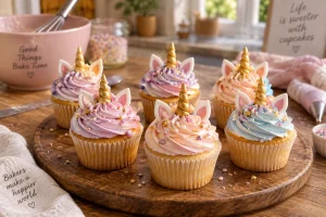 Cupcakes licorne avec glaçage pastel dégradé et corne dorée en pâte à sucre