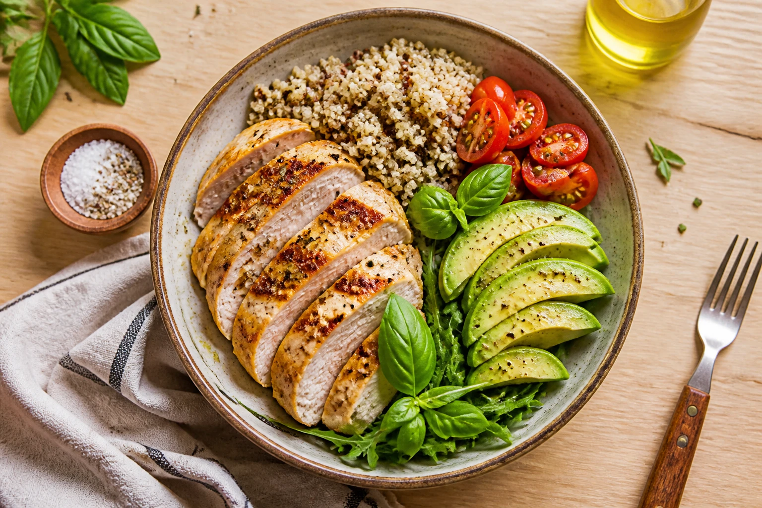 Bowl healthy avec poulet grillé, quinoa, avocat et légumes frais sur table en bois