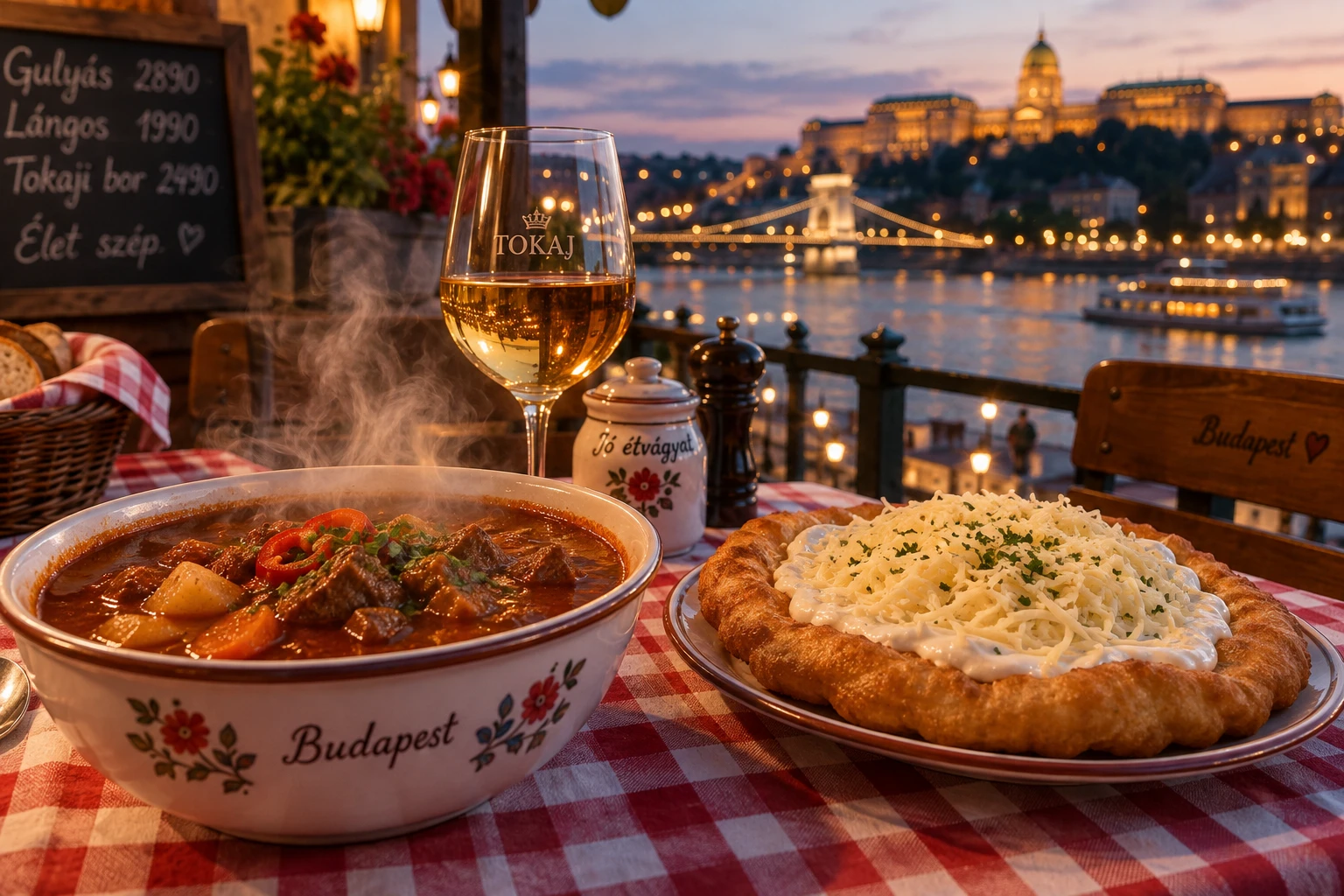 Table de bistrot hongrois avec goulash, lángos et verre de vin de Tokaj à Budapest