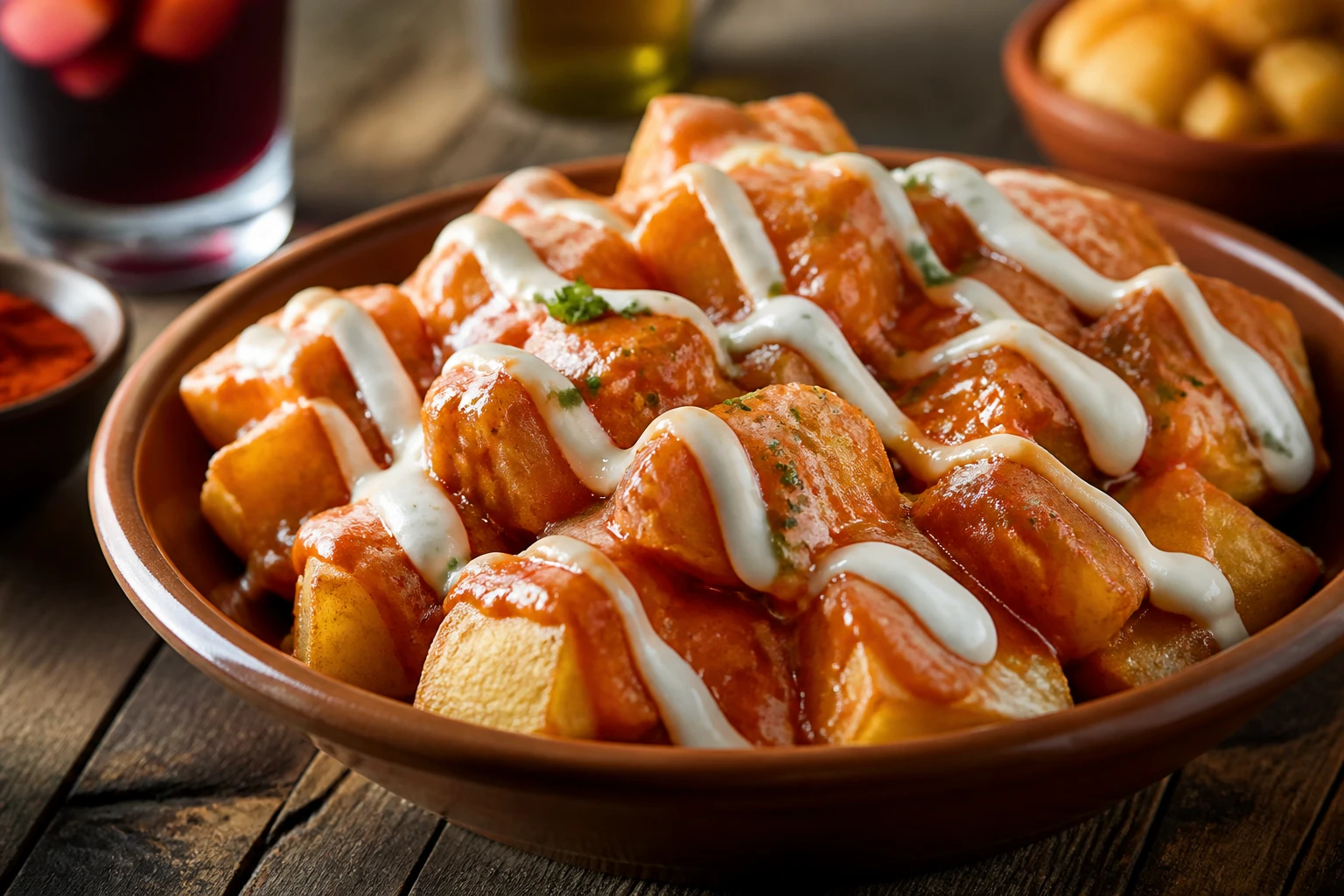 Bol de sauce patatas bravas nappant des pommes de terre dorées avec filet d'aïoli