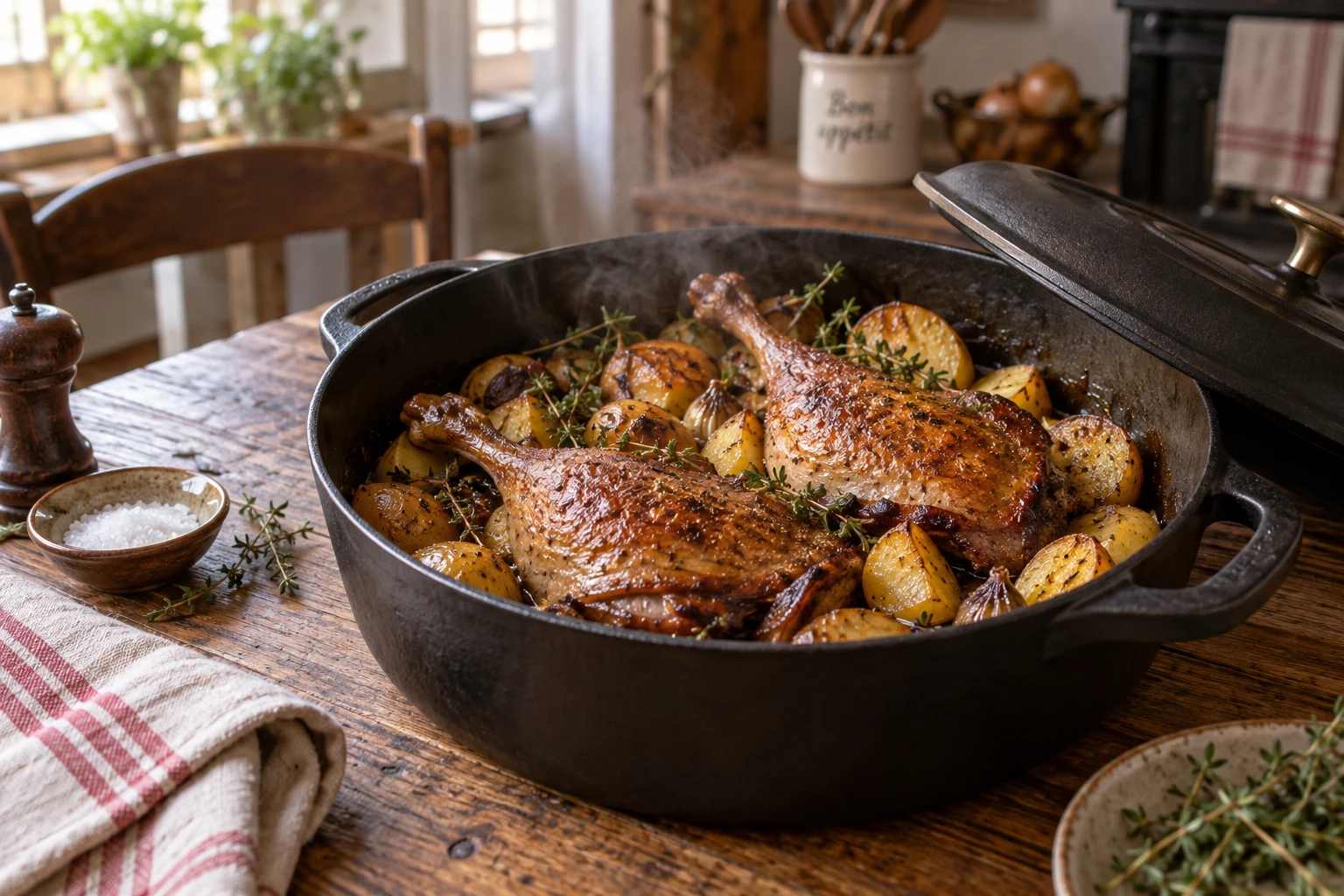 Cuisses de canard dorées dans une cocotte en fonte avec pommes de terre et thym