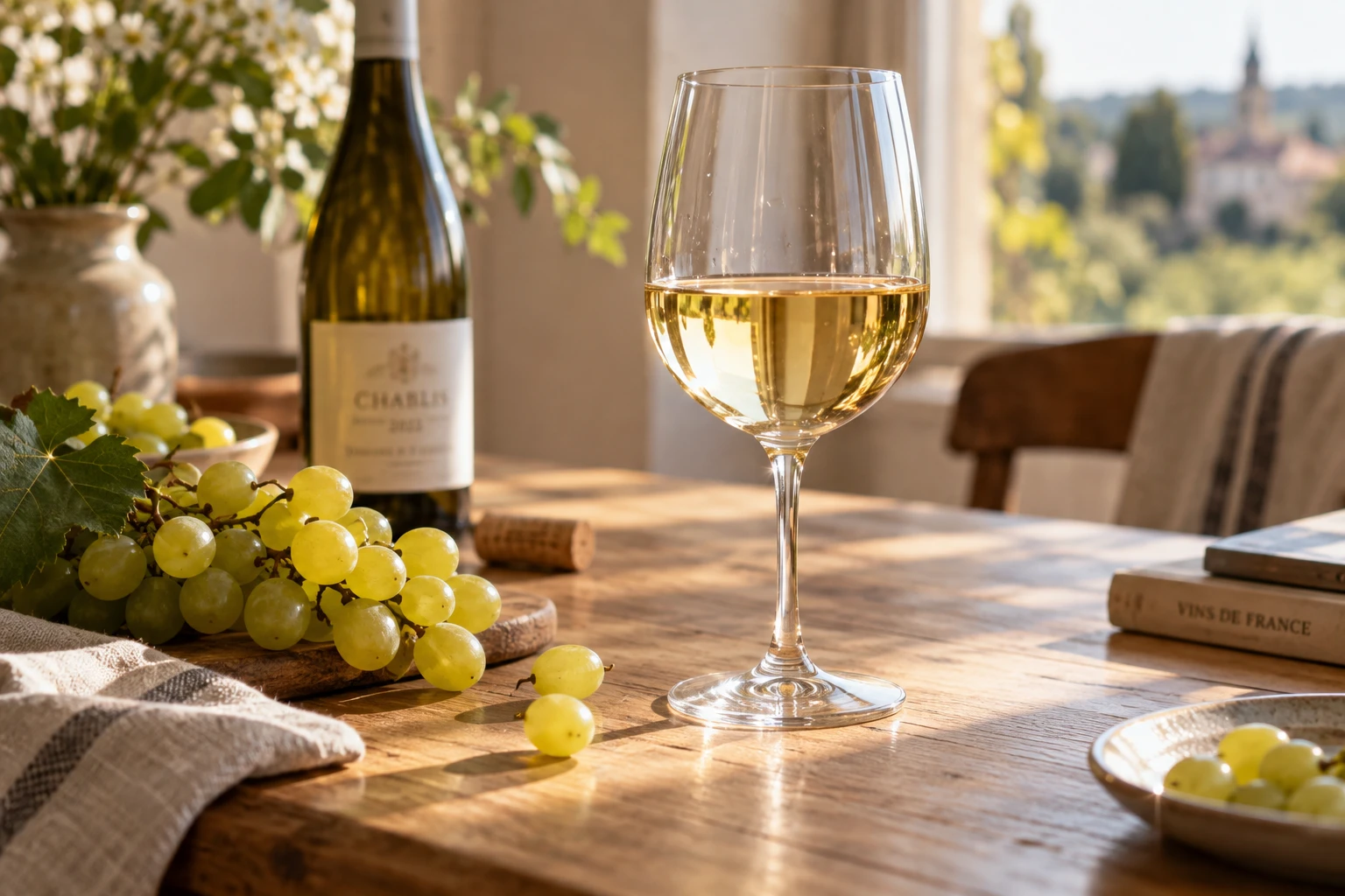 Verre de vin blanc sur table en bois avec grappe de raisin en arrière-plan