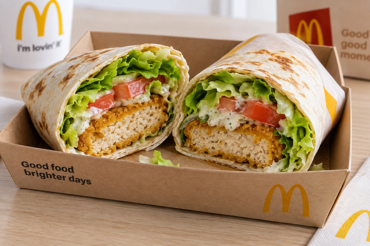 Wrap veggie McDo coupé en deux montrant l'escalope croustillante et la salade sur un plateau