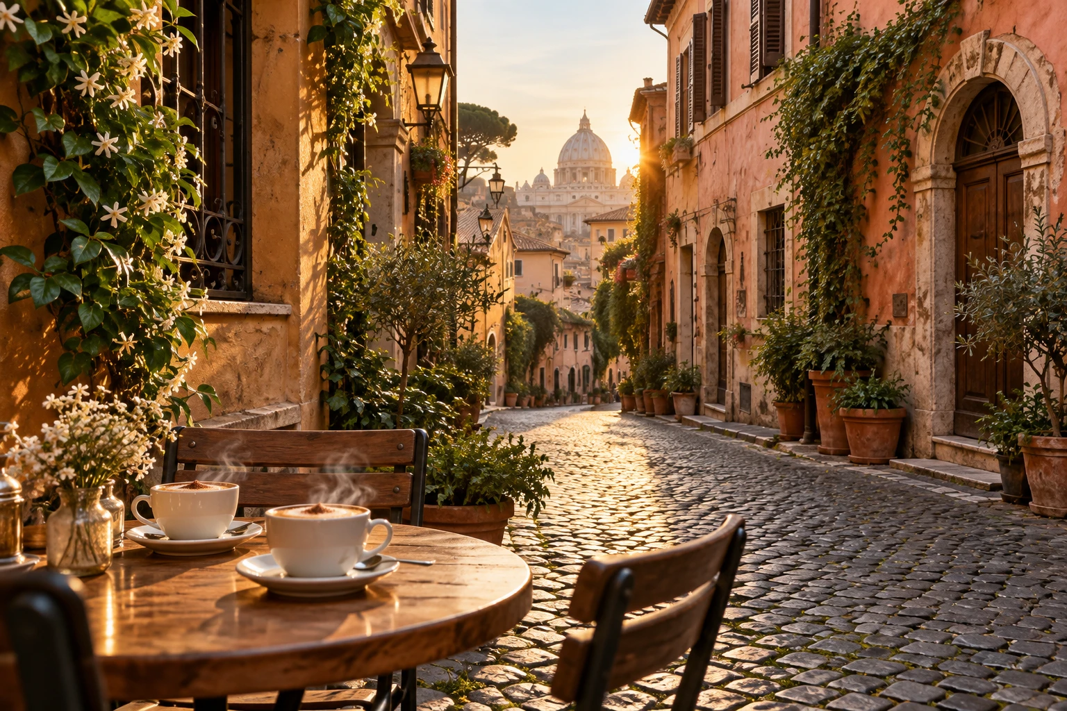 Ruelle pavée de Trastevere à Rome au petit matin avec une terrasse de café et deux cappuccinos