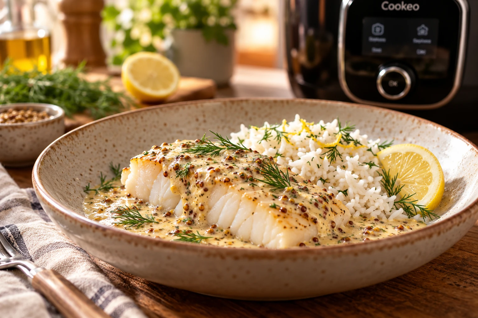 Dos de cabillaud en sauce crème-moutarde à l'aneth, servi avec du riz et du citron dans une assiette creuse
