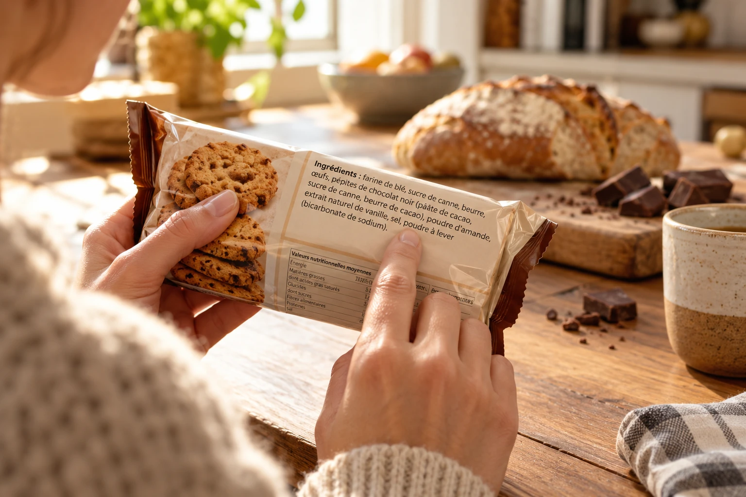 Une personne lit la liste des ingrédients d'un emballage alimentaire dans une cuisine lumineuse