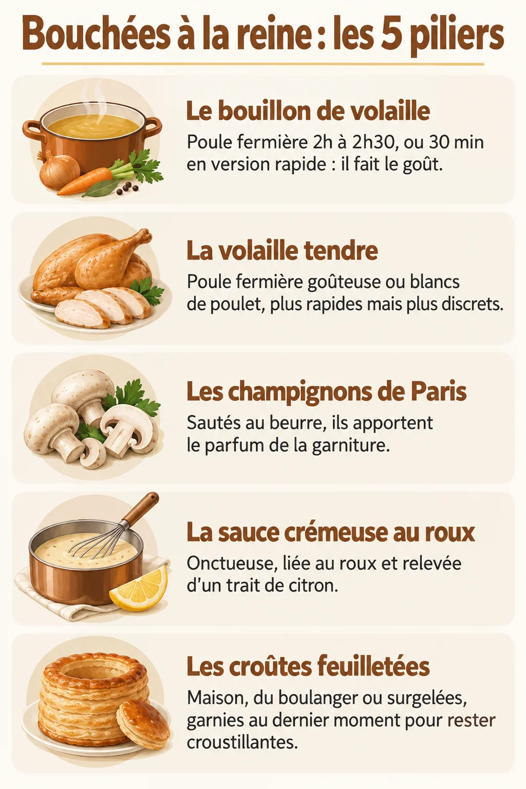Bouchées à la reine : les 5 piliers : Le bouillon de volaille, La volaille tendre, Les champignons de Paris, La sauce crémeuse au roux, Les croûtes feuilletées