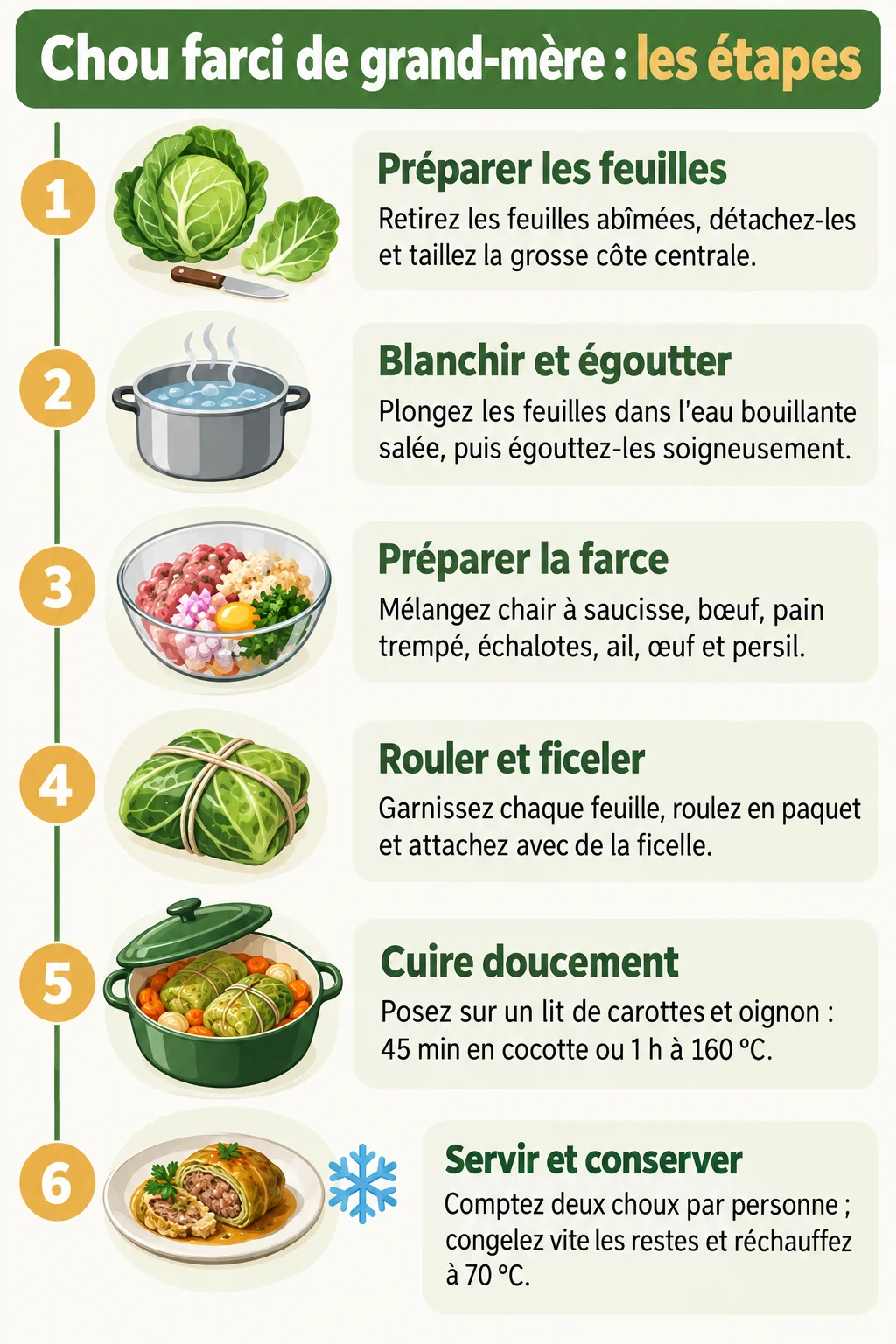 Chou farci de grand-mère : les étapes : 1. Préparer les feuilles, 2. Blanchir et égoutter, 3. Préparer la farce, 4. Rouler et ficeler, 5. Cuire doucement, 6. Servir et conserver