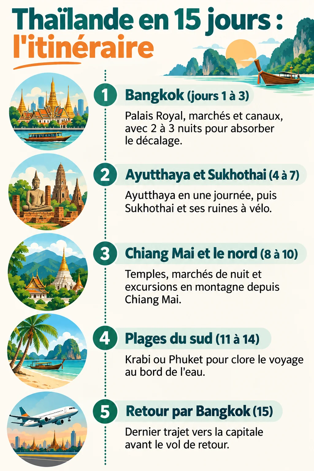 Thaïlande en 15 jours : l'itinéraire : 1. Bangkok (jours 1 à 3), 2. Ayutthaya et Sukhothai (4 à 7), 3. Chiang Mai et le nord (8 à 10), 4. Plages du sud (11 à 14), 5. Retour par Bangkok (15)