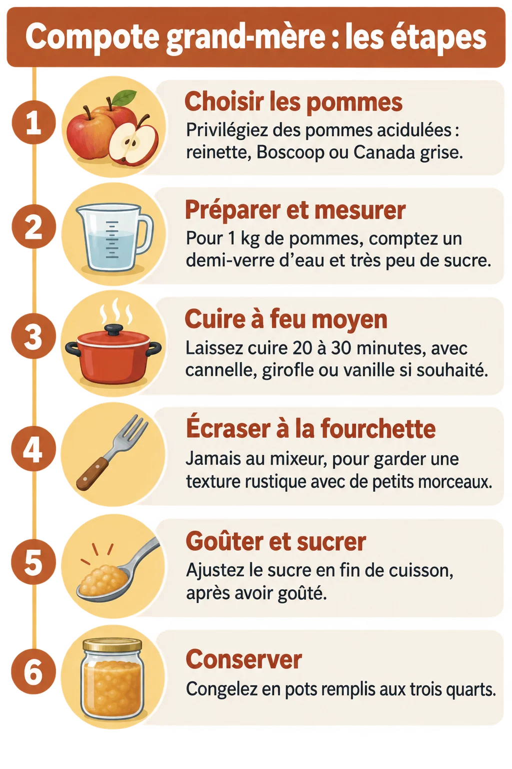 Compote grand-mère : les étapes : 1. Choisir les pommes, 2. Préparer et mesurer, 3. Cuire à feu moyen, 4. Écraser à la fourchette, 5. Goûter et sucrer, 6. Conserver