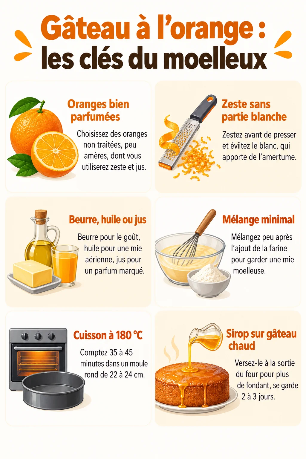 Gâteau à l'orange : les clés du moelleux : Oranges bien parfumées, Zeste sans partie blanche, Beurre, huile ou jus, Mélange minimal, Cuisson à 180 °C, Sirop sur gâteau chaud
