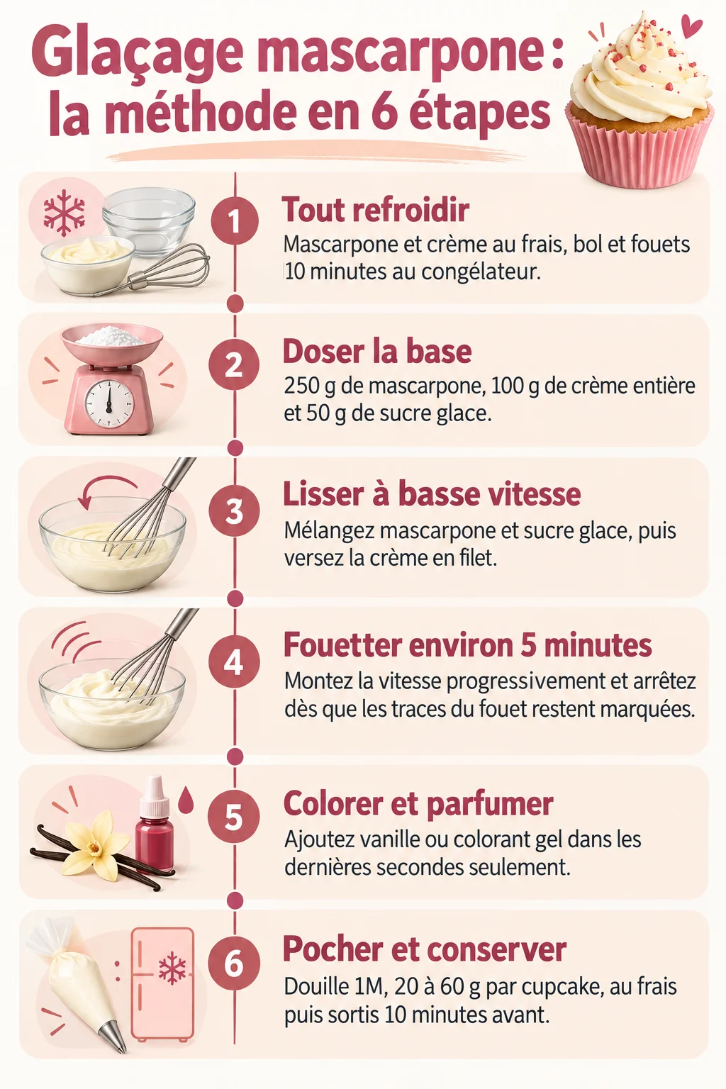 Glaçage mascarpone : la méthode en 6 étapes : 1. Tout refroidir, 2. Doser la base, 3. Lisser à basse vitesse, 4. Fouetter environ 5 minutes, 5. Colorer et parfumer, 6. Pocher et conserver