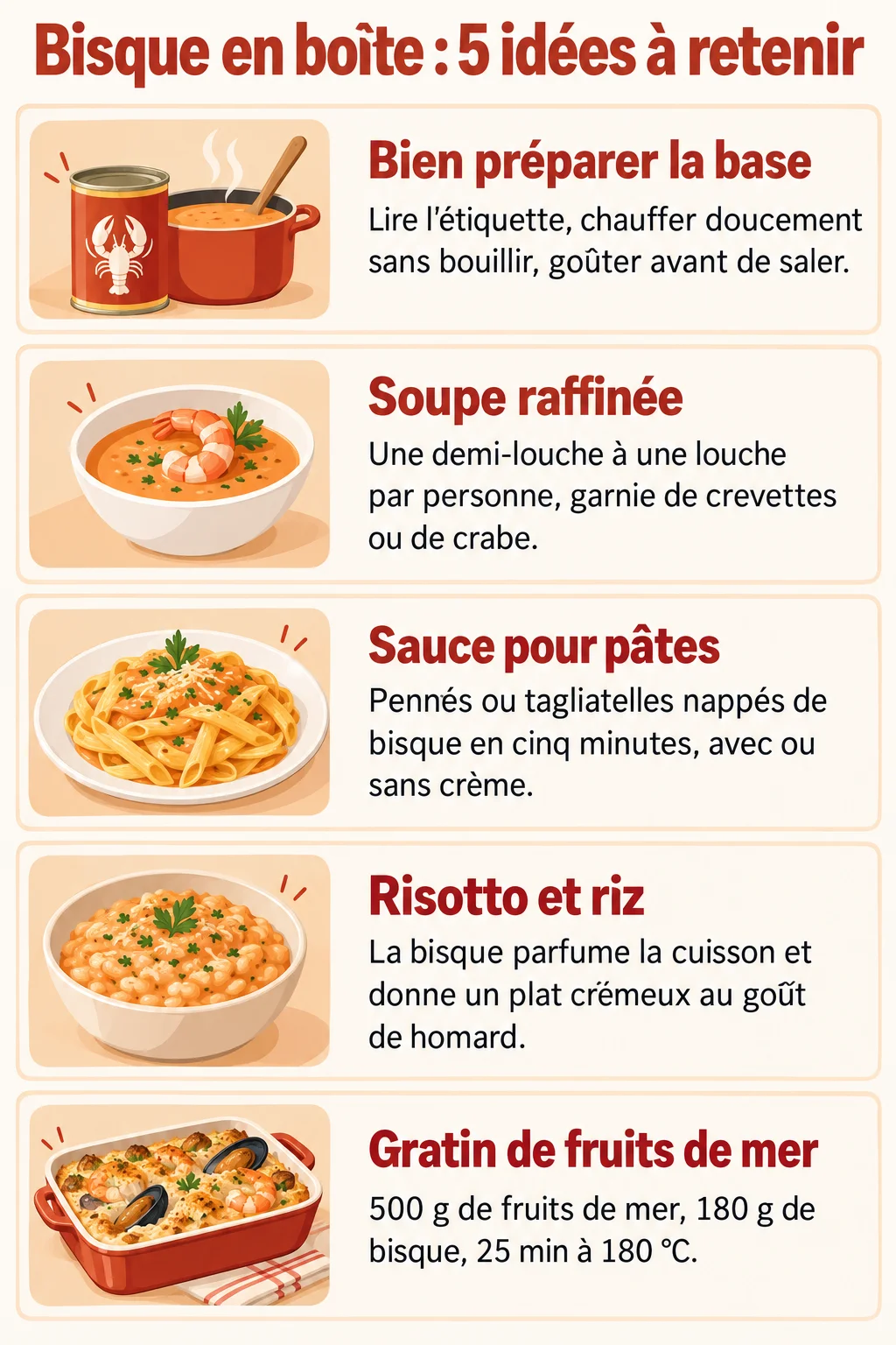 Bisque en boîte : 5 idées à retenir : Bien préparer la base, Soupe raffinée, Sauce pour pâtes, Risotto et riz, Gratin de fruits de mer