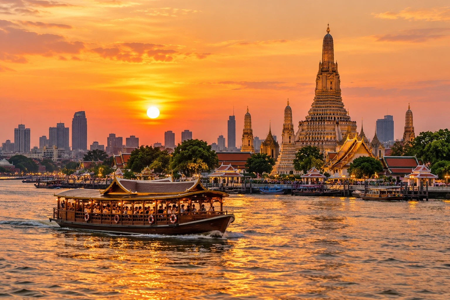 Bateau sur le Chao Phraya au coucher du soleil devant les temples de Bangkok